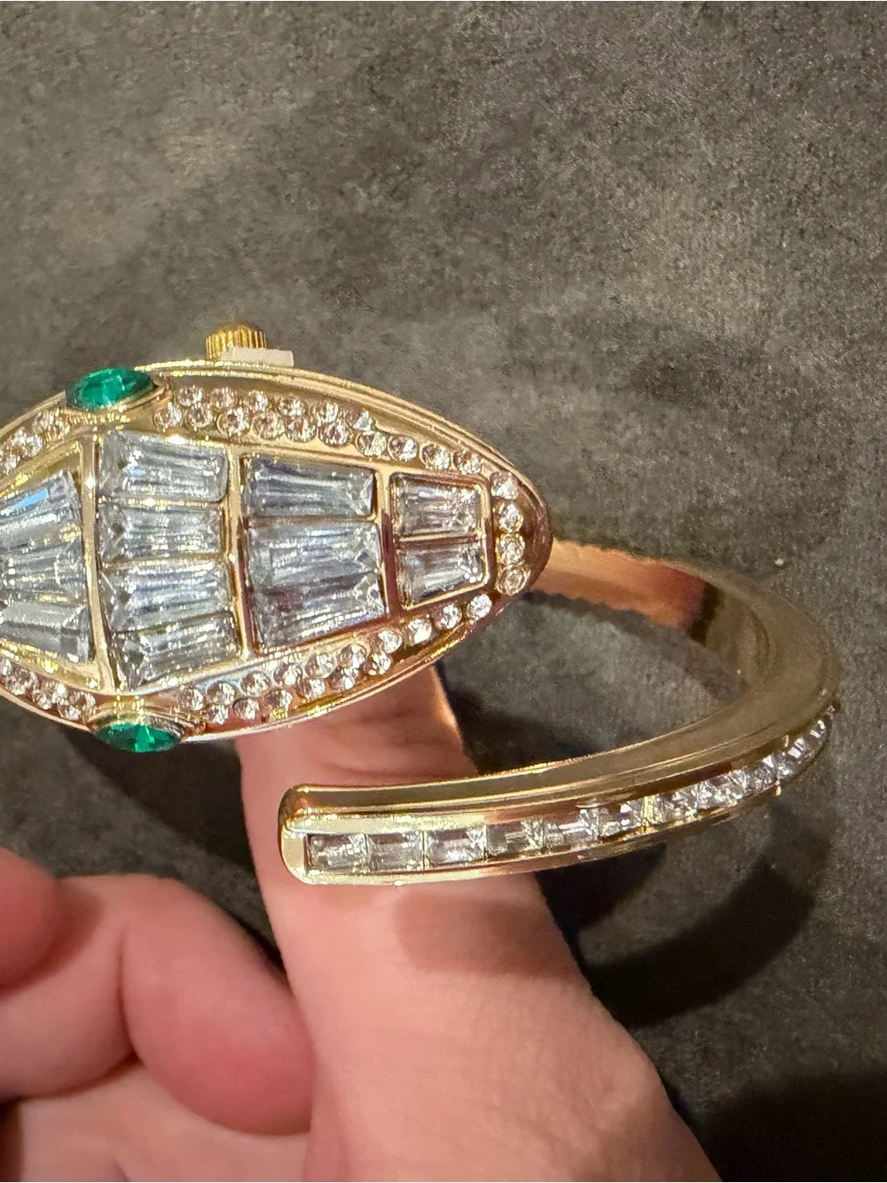 Gold Crystal Snake Cuff Bracelet with Green Accents